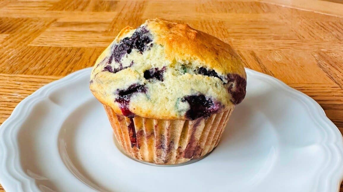 Wild blueberry muffin on white plate sitting on wood table.