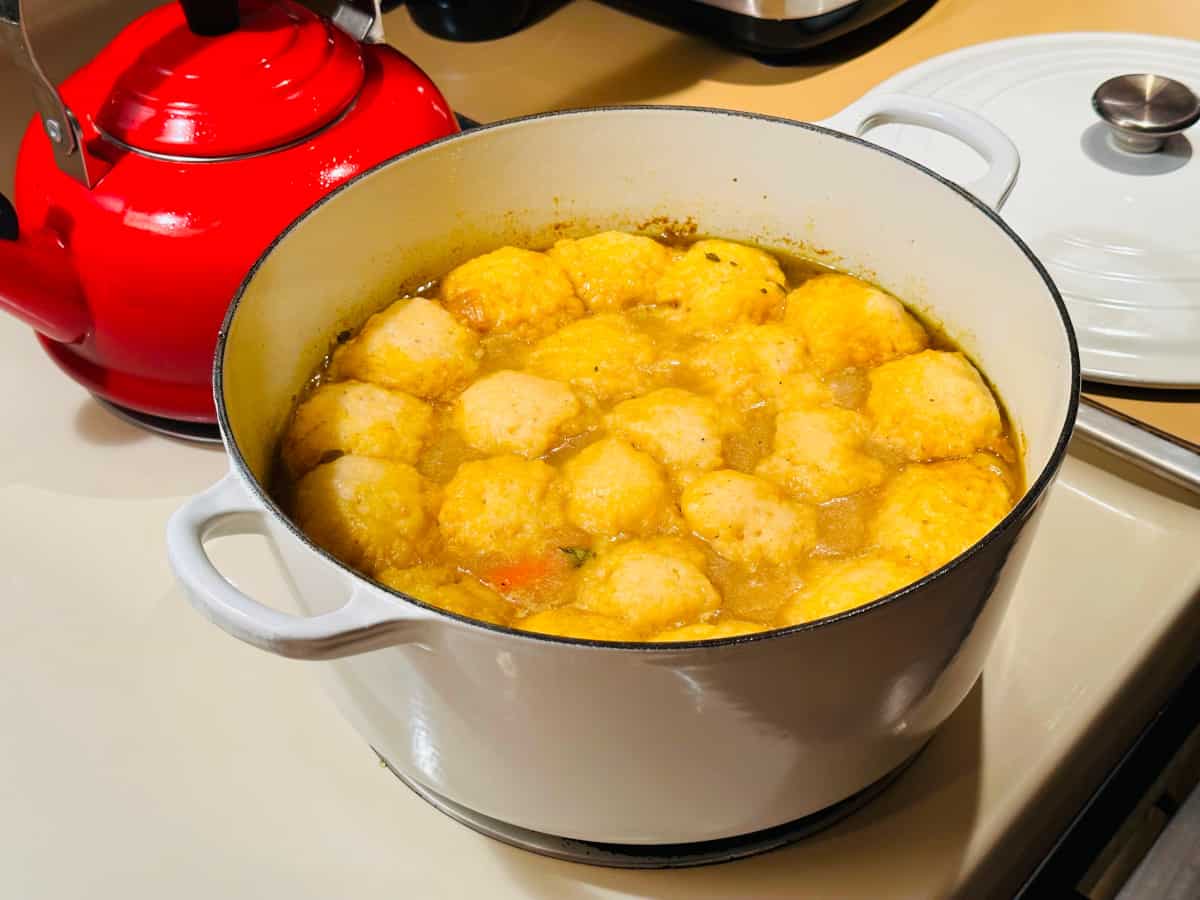 Finished chicken dumpling soup in a white pot.