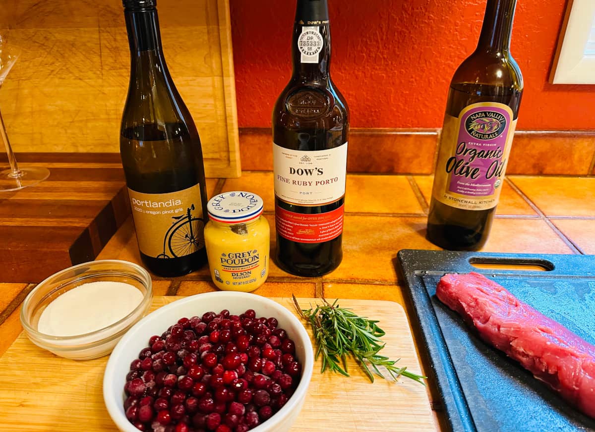 Ingredients for pork tenderloin with lingonberry gravy.