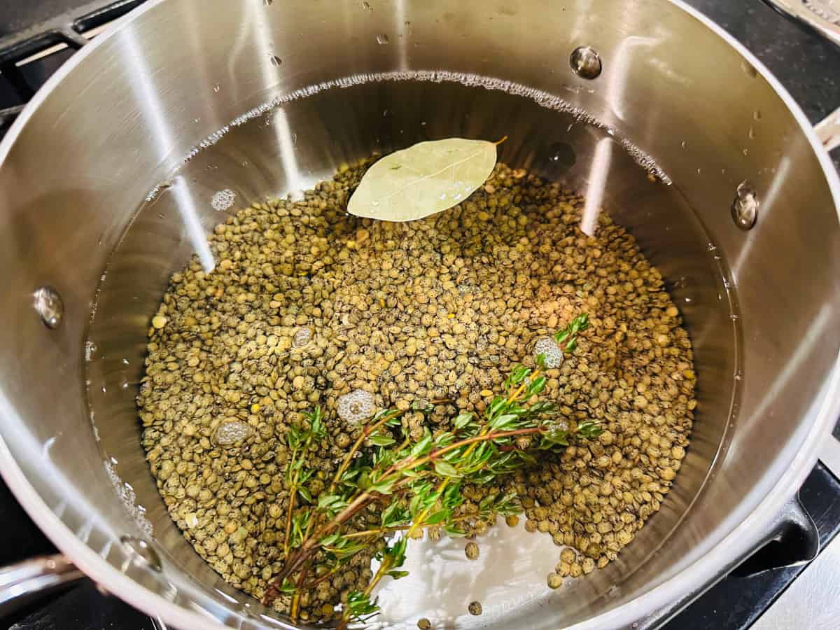 Thyme sprigs, bay leaf, and lentils with water in a steel pot.