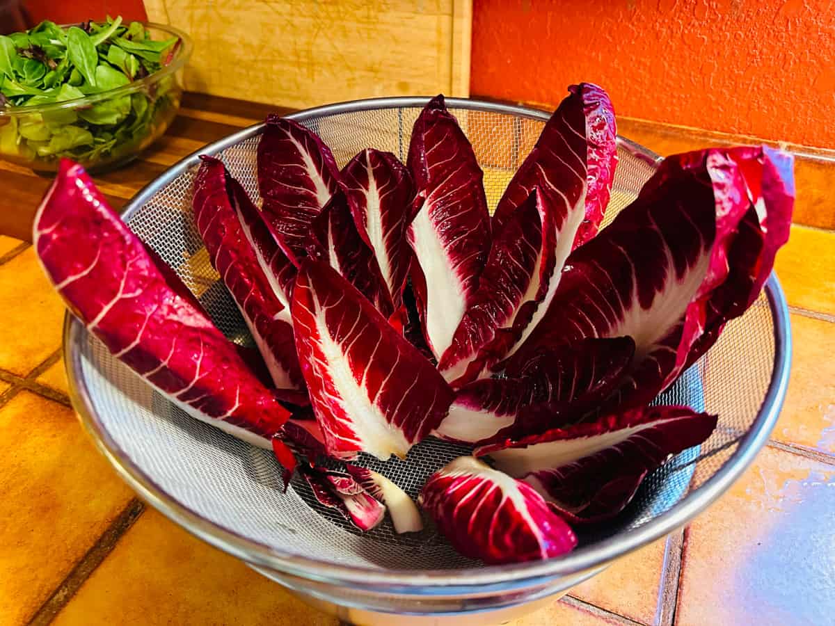 Treviso radicchio leaves in a metal colander.