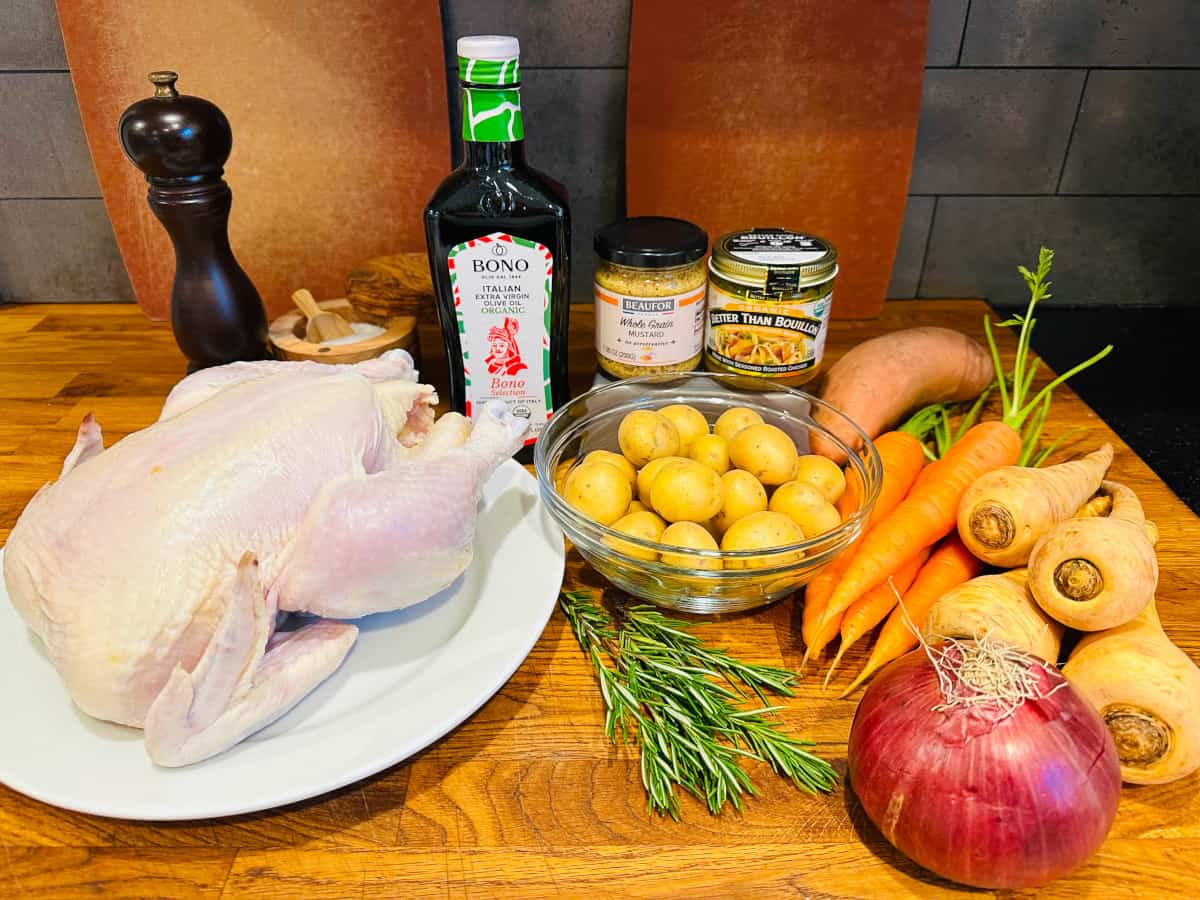 Ingredients for roasted chicken with rosemary and mustard.