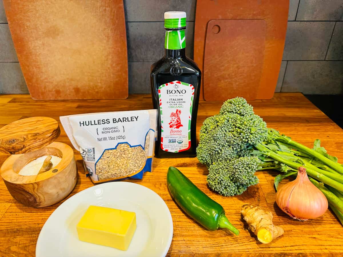 Ingredients for barley pilaf with broccolini.