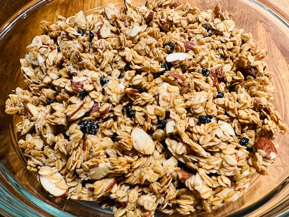 Homemade granola in a glass bowl.