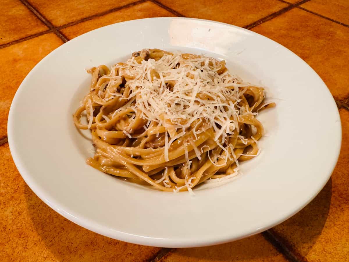 Porcini pasta sprinkled with shredded parmesan in a white bowl on a terra cotta colored tile counter.