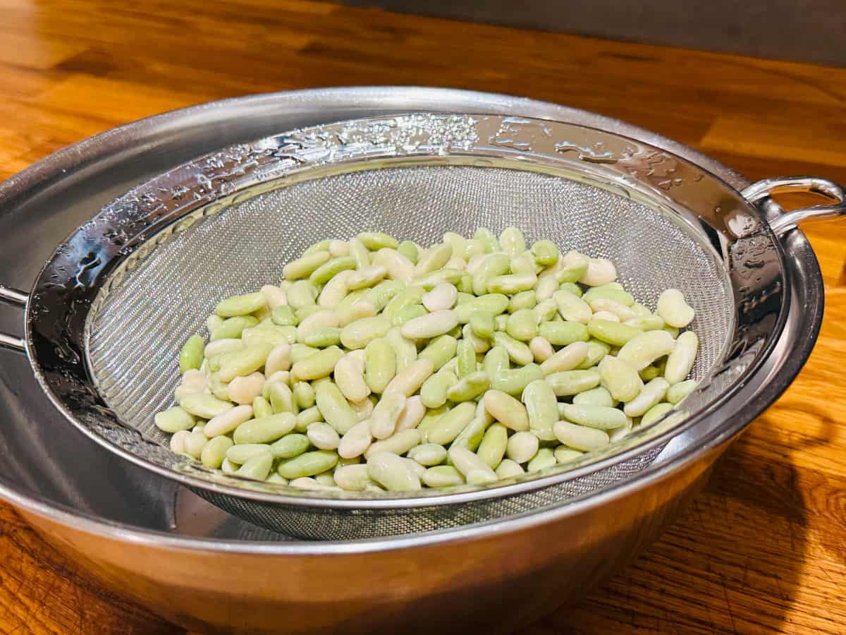 Rehydrated pale green beans in a steel strainer set over a metal bowl.