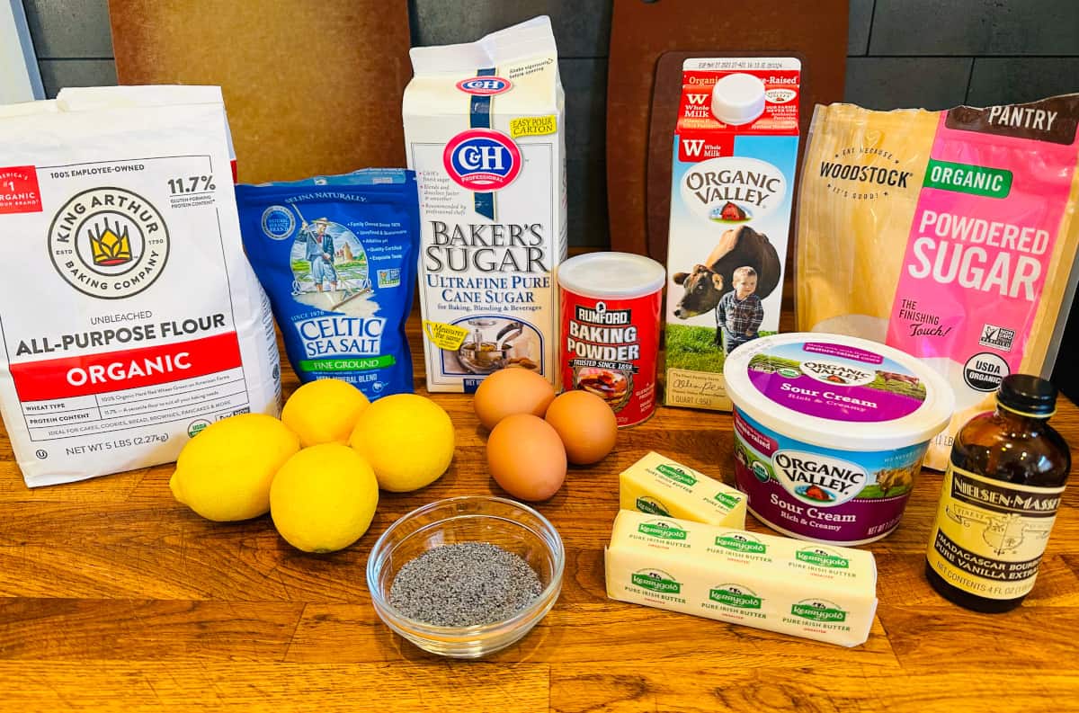 Ingredients for lemon poppy seed poundcake.
