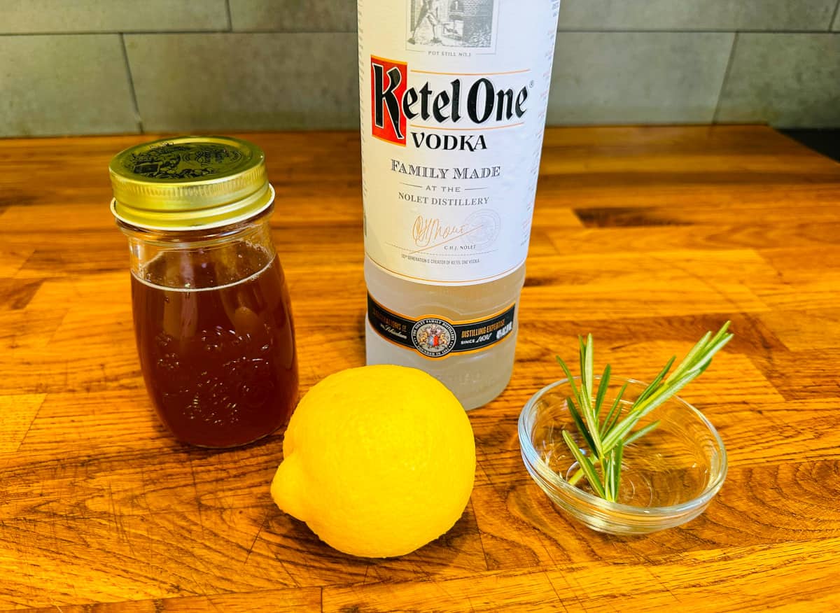 Ingredients for rosemary lemon drop cocktail.