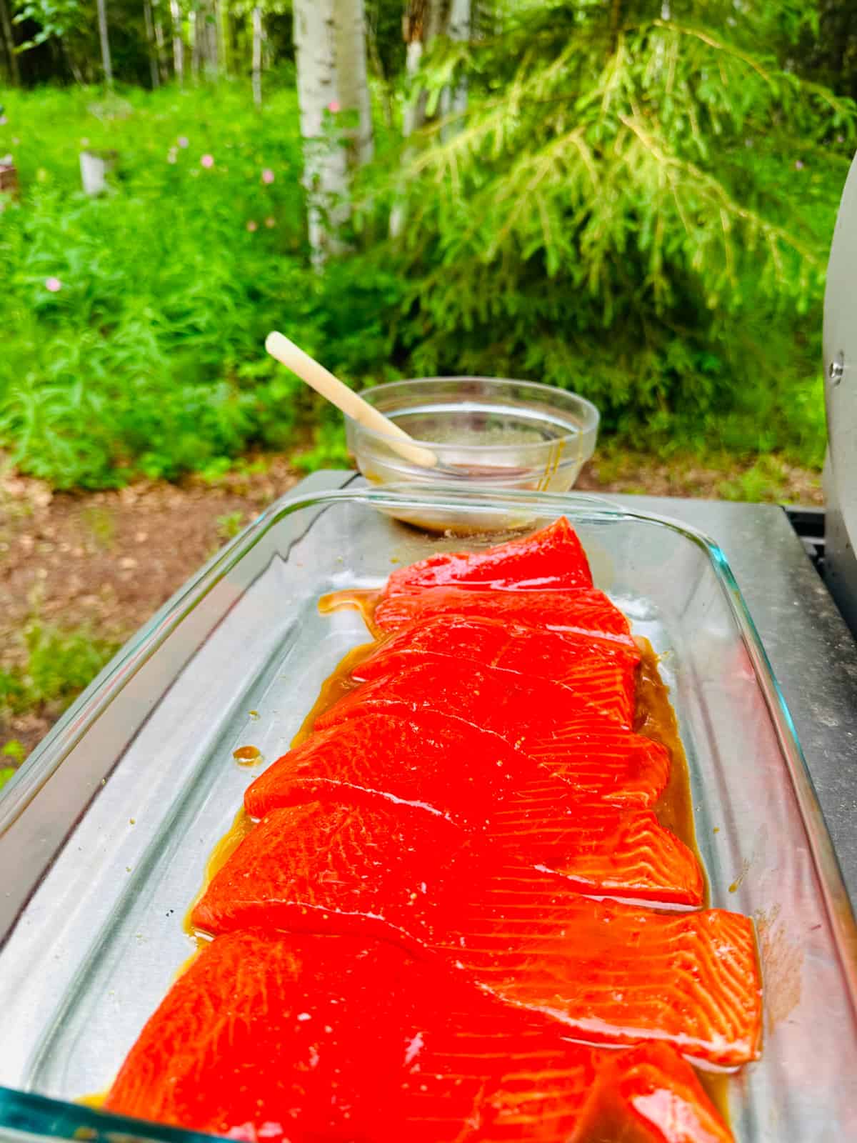 Raw salmon pieces in a glass dish in front of a glass bowl of marinade with a brush.