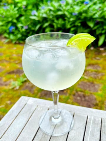 Elderflower gin and tonic in a Copa glass sitting on a gray teak wood table outdoors with green leaves and blue flowers behind.