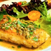 Halibut piccata in front of a green salad on a white plate.