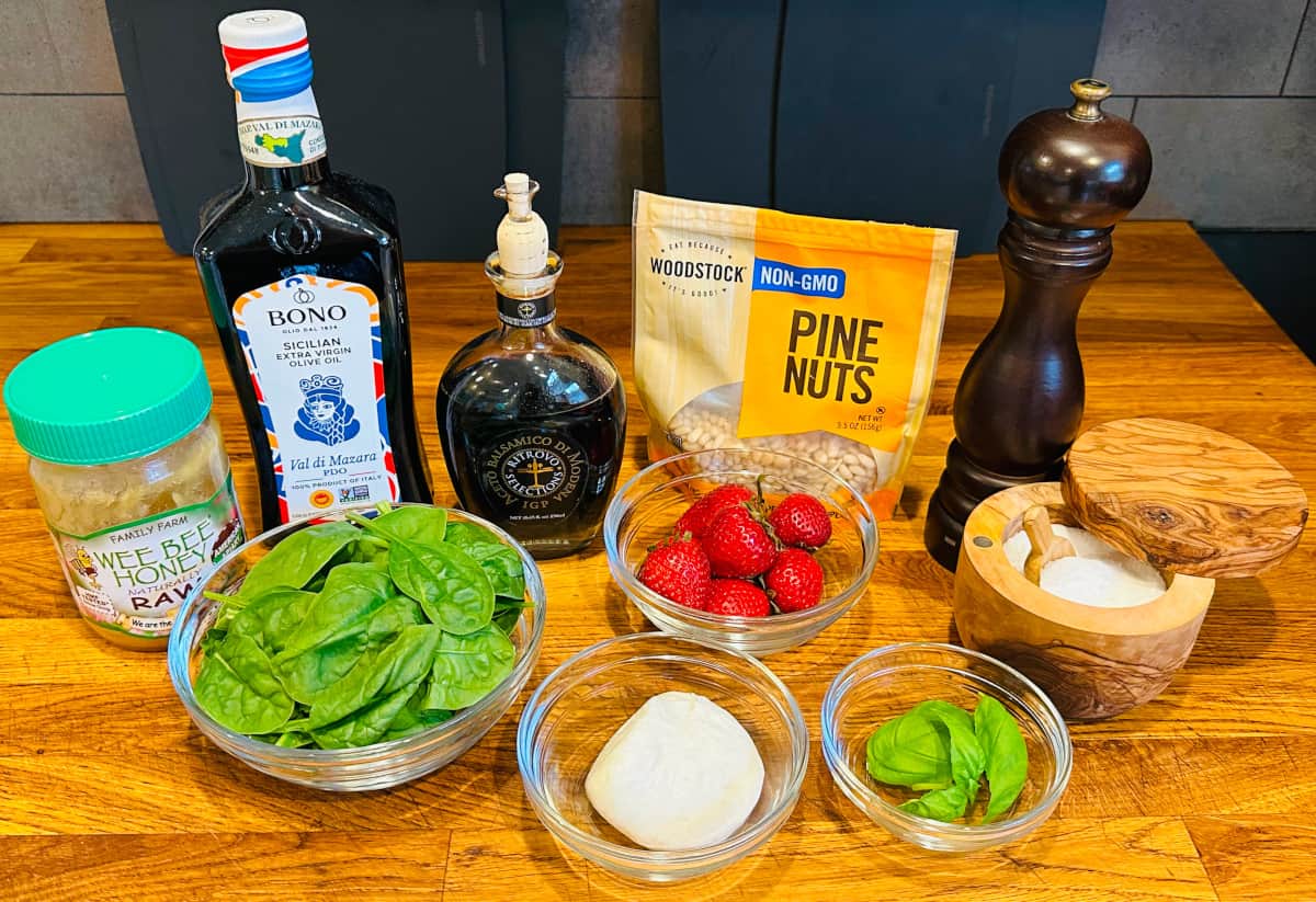 Ingredients for strawberry burrata salad.