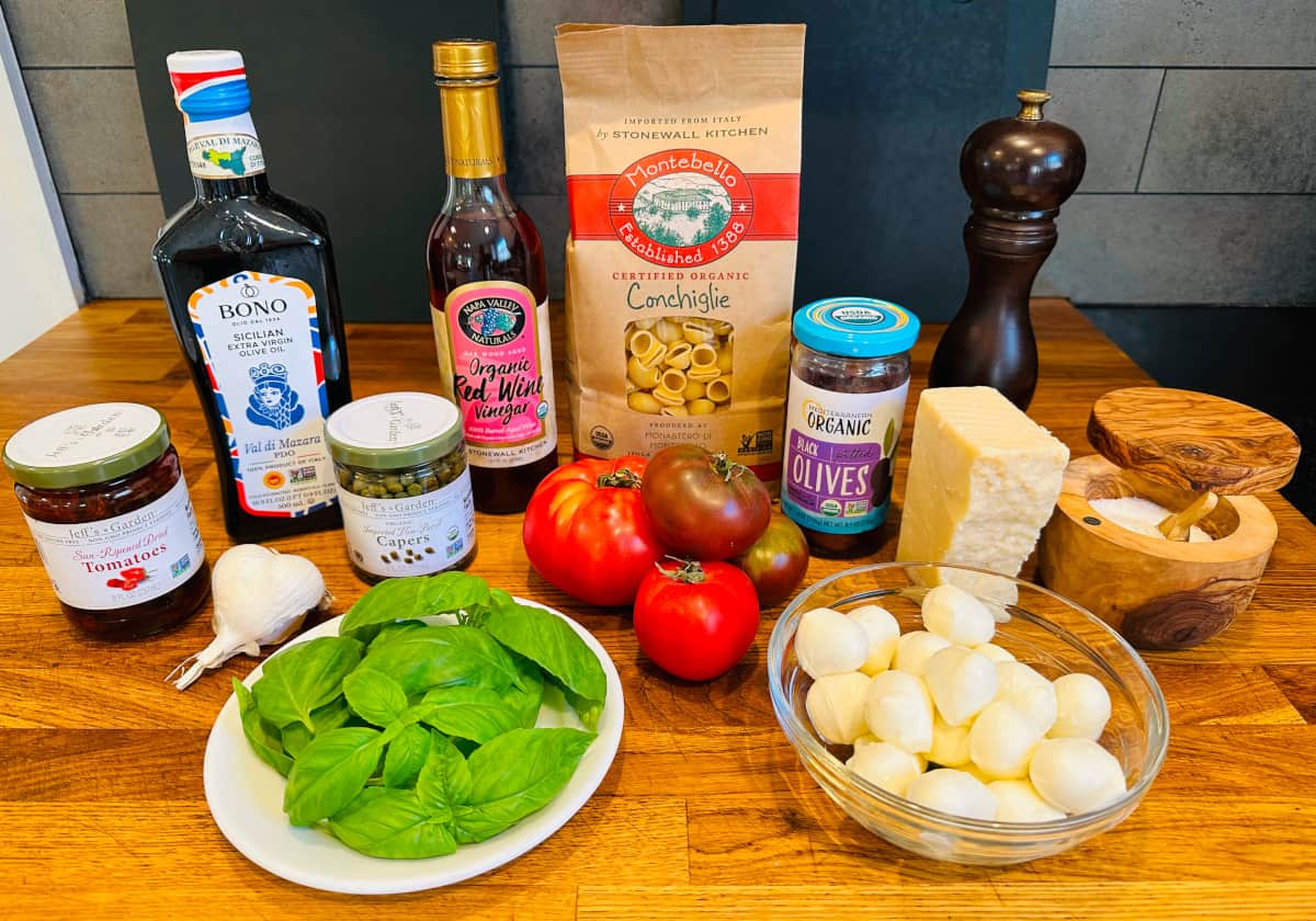Ingredients for summer pasta salad.