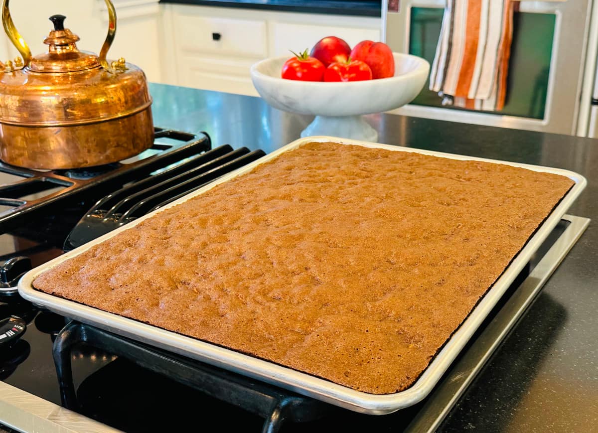 A pan of chocolate zucchini bars cooling on the stove.