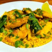 Curried chicken and zucchini in a shallow white bowl.