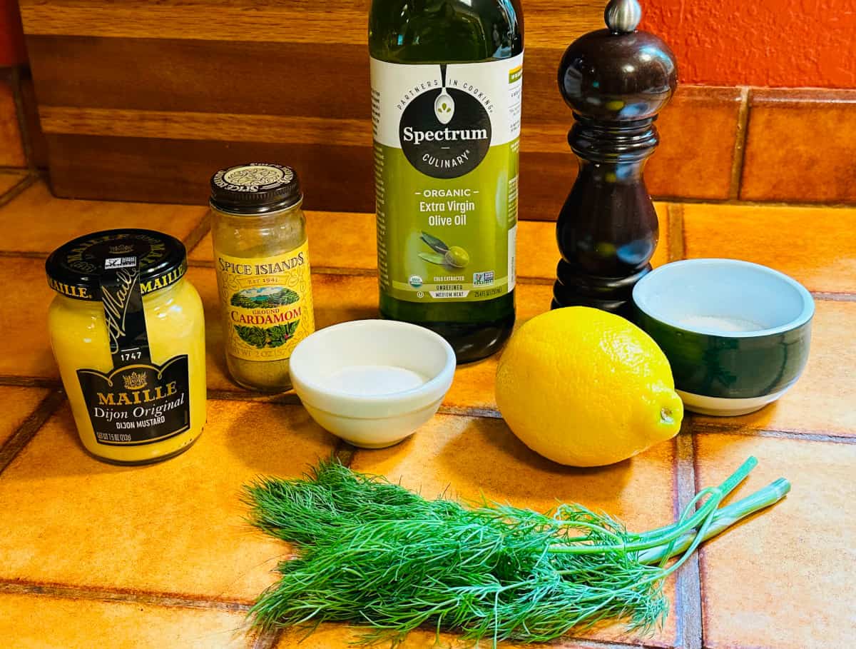 Ingredients for Scandinavian mustard dill sauce.