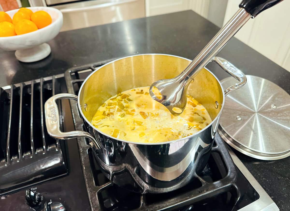 Immersion blender being held over a steel pot containing a creamy broth with vegetables.