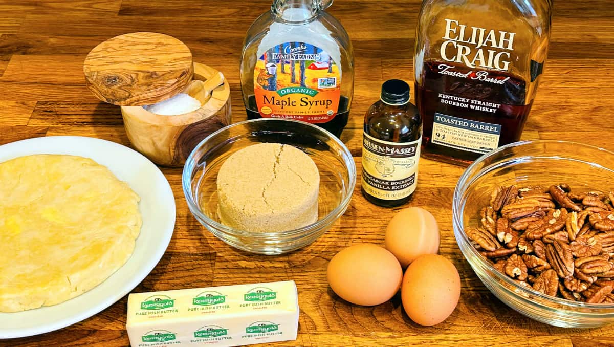 Ingredients for maple pecan pie.