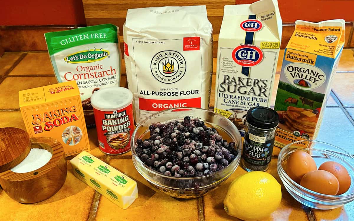 Ingredients for lemon poppy seed waffles with blueberry sauce.