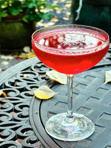 Red Riding Hood (AKA Lingonberry Martini) served in a coupe glass.