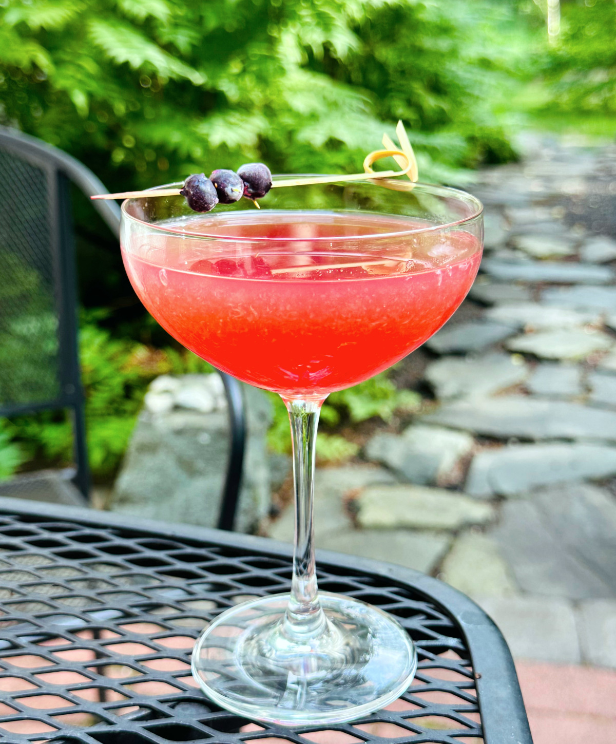 Cabin Club Cocktail (AKA Blueberry Pegu Club) in a coupe glass garnished with three blueberries skewered onto a cocktail pick.