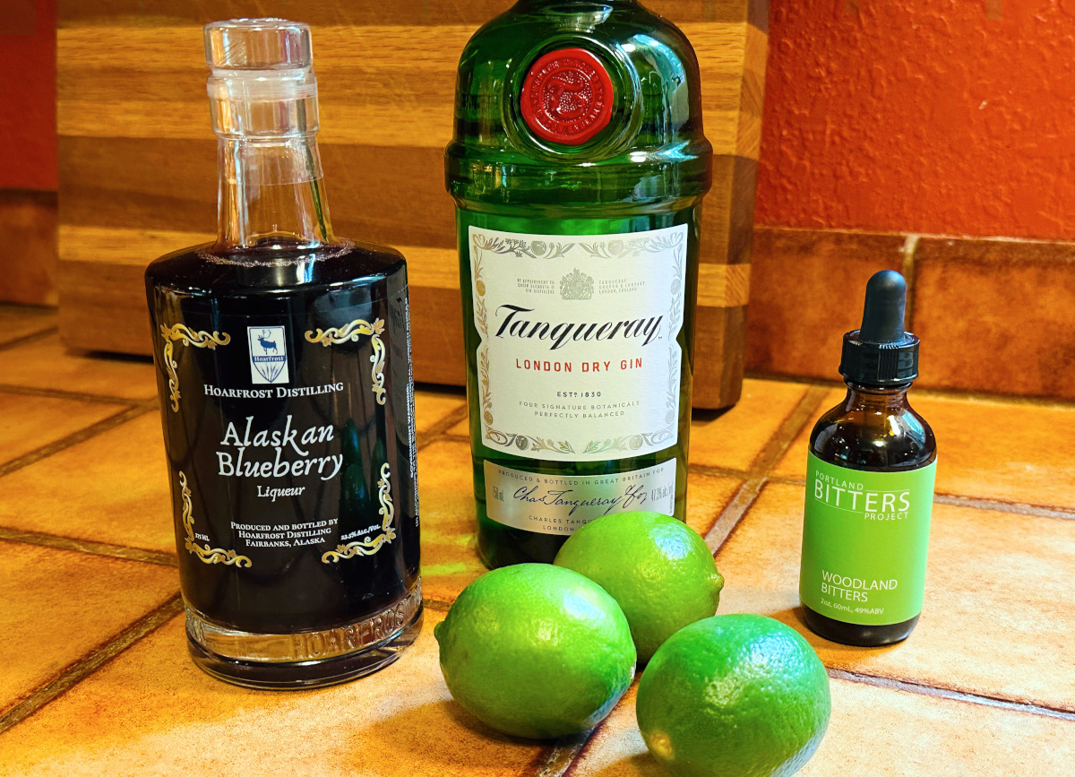 Ingredients for a Cabin Club Cocktail (AKA Blueberry Pegu Club).