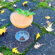 Glinda cocktail garnished with mint in a coupe glass sitting on a brick patio surrounded by yellow leaves.