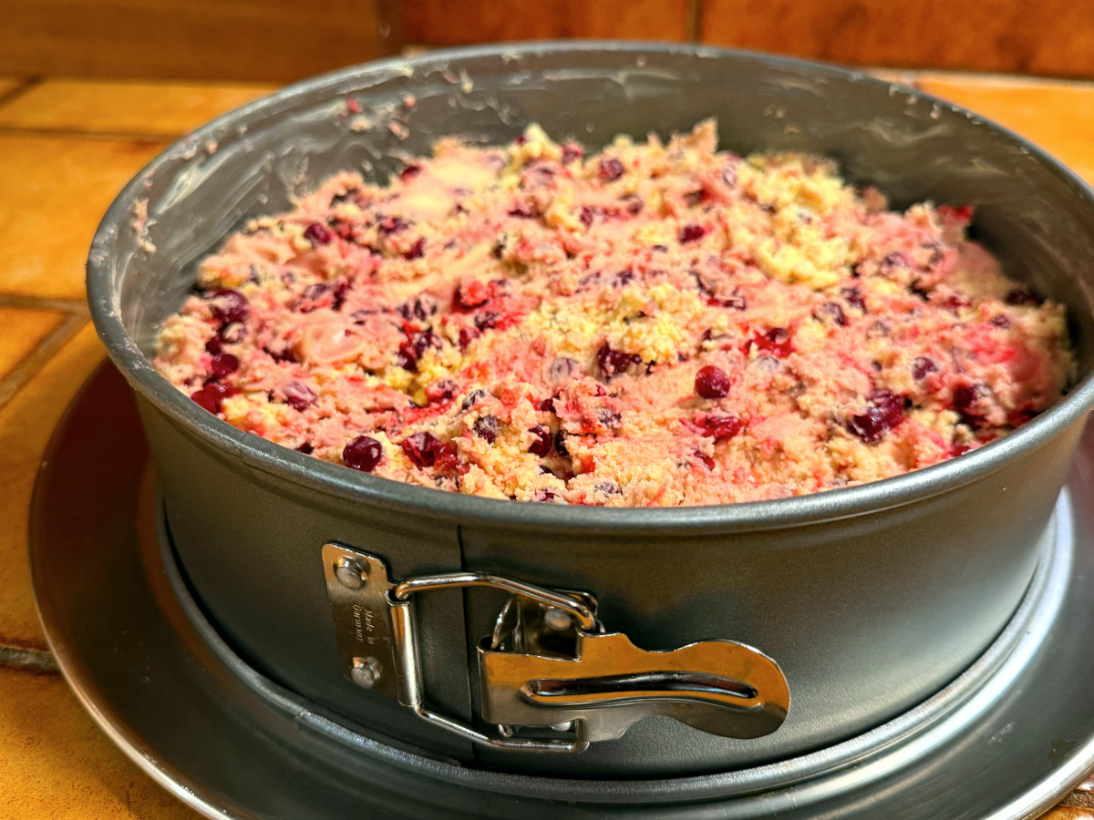 Cranberry cake batter in a springform pan.
