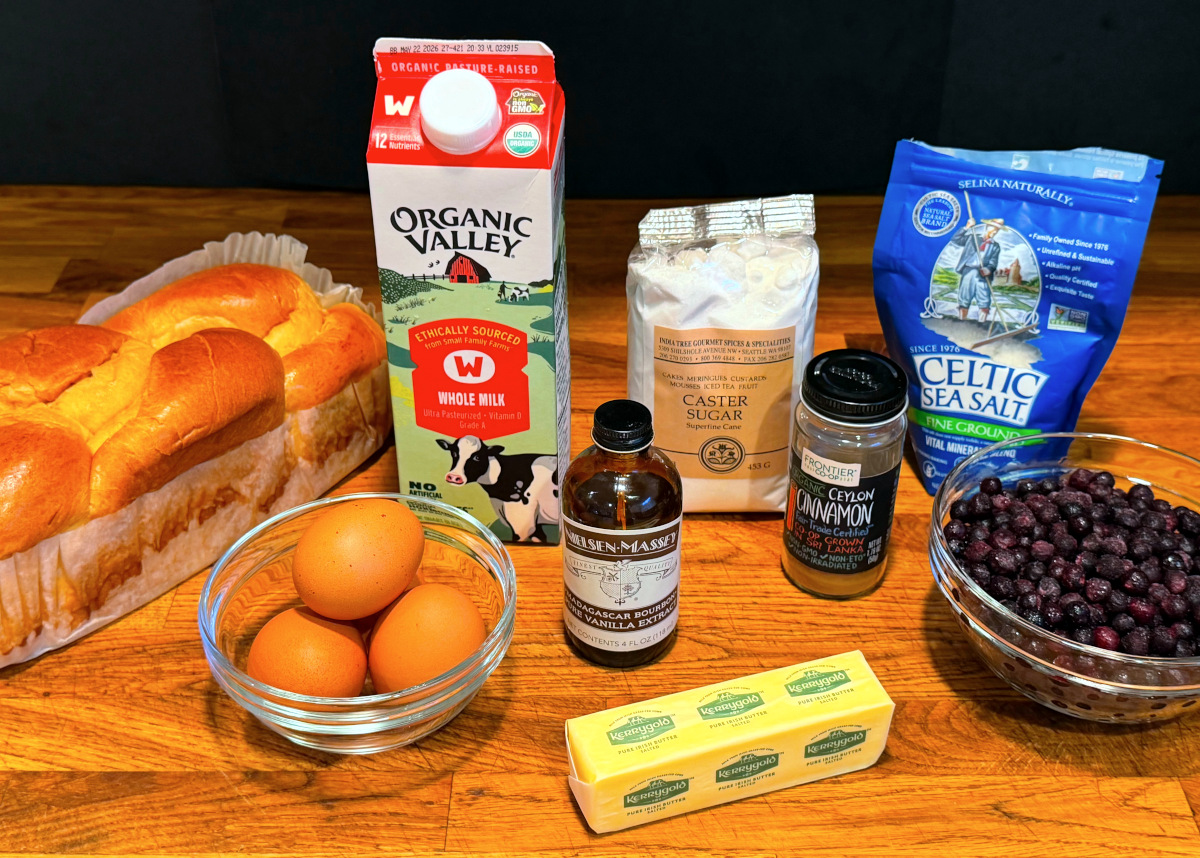 Ingredients for blueberry bread pudding.
