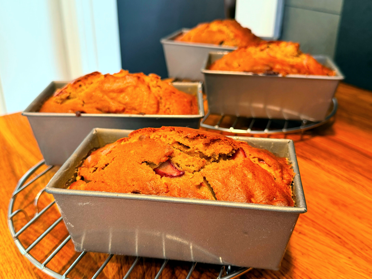 Four miniature loaves of baked rhubarb bread cooling in pans set on wire racks.