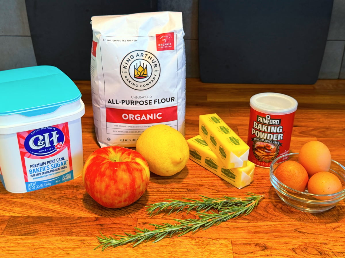 Ingredients for apple rosemary remembrance cake.